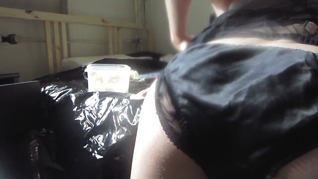 Dildofun With Black Satin & Nylon Panties