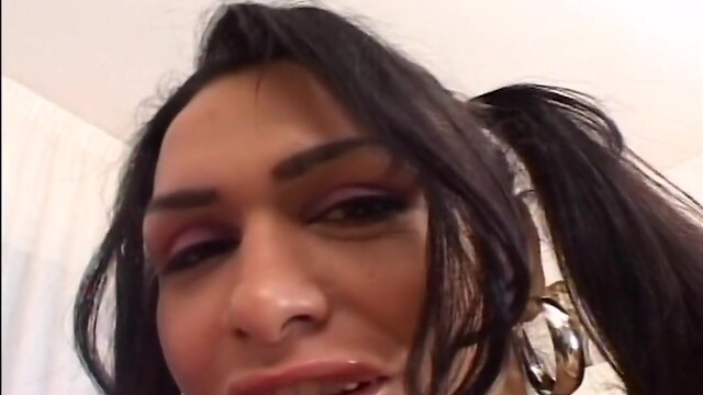 Shemale pumps up cock for a fuck