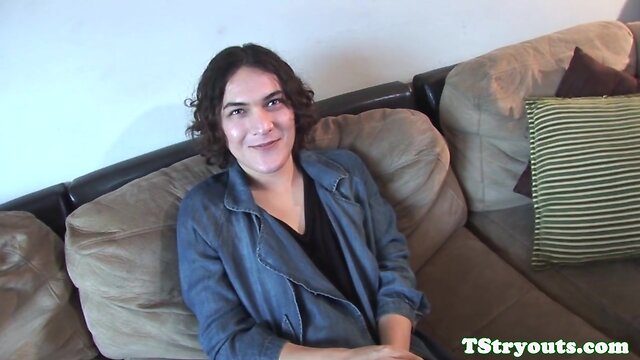 Auditioning trans beauty wanks hard cock solo