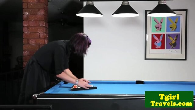 Busty trans trap tugs hard cock on pool table