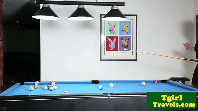 Busty trans trap tugs hard cock on pool table