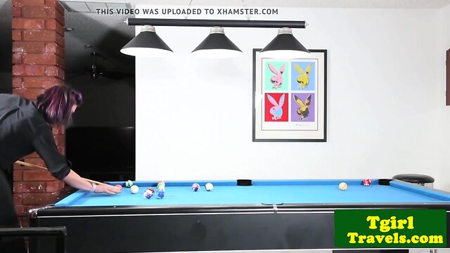 Busty trans trap tugs hard cock on pool table