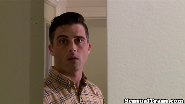 Busty trans cocksucked before toping male ass