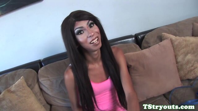 Black shemale spreads ass on casting couch