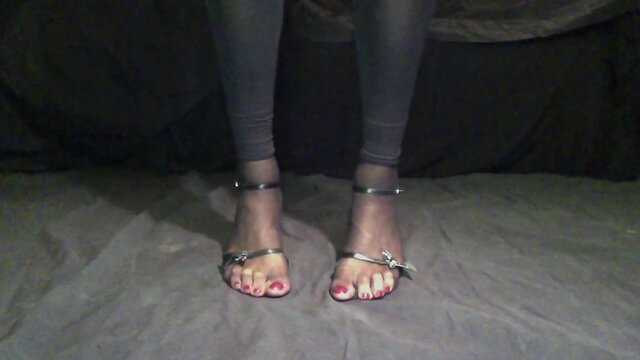 Sissy leather toes heels show red toes nails in nylons
