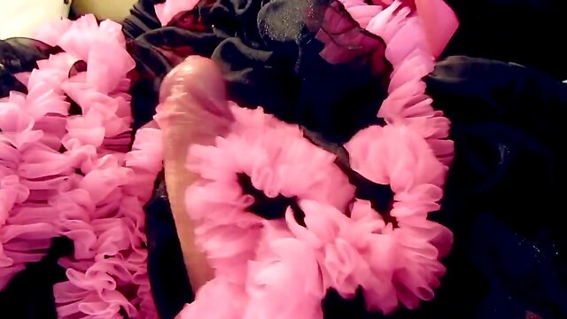 Amateur T-girl Whore in Lingerie & Stockings Pleasures Herself in Closeup