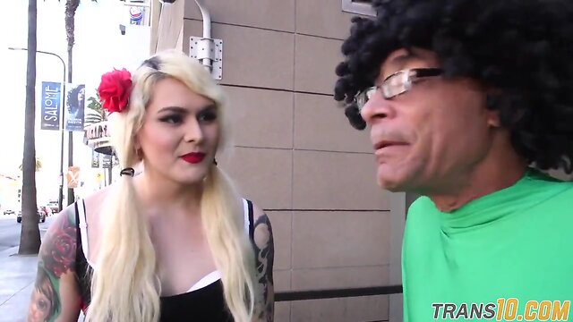 Tattooed ladyboy swallows thick jizz