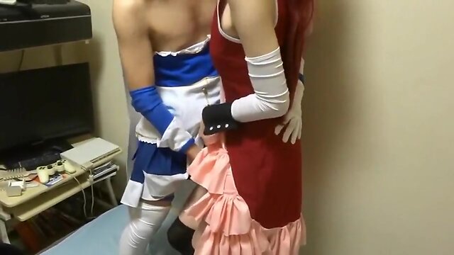 Cosplay crossdresser excited young crossdressers cum in hands