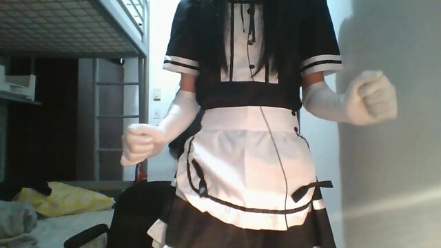 Oriental crossdresser maid eat all the cum and play his small clit