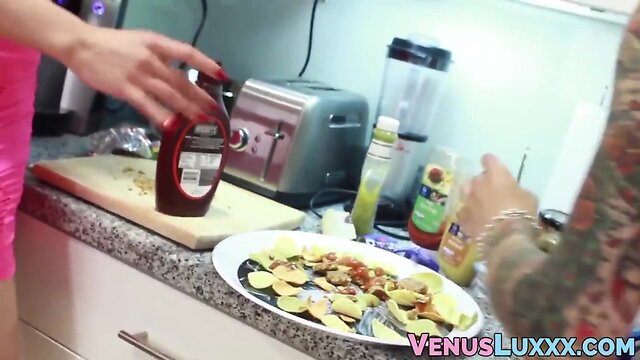 Beautiful asian ladyboy wanking off to jizz on a food plate