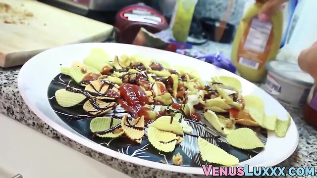 Beautiful asian ladyboy wanking off to jizz on a food plate