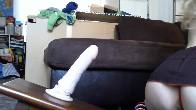 Sultry blond femboy trap rides oiled up sextoy