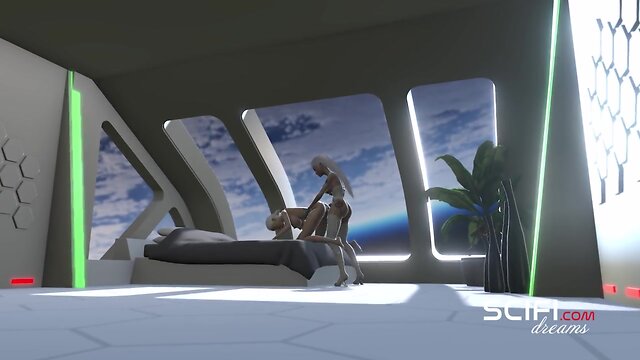 Sultry dickgirl sex cyborg fucks a young chick in space station