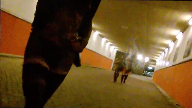 Public exhibitionist dressed very short transparent