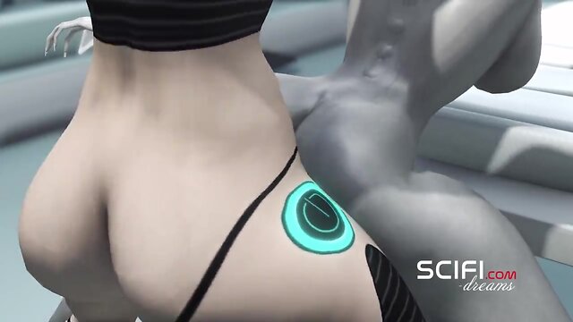 Sci-fi woman android fucks an alien in the space station