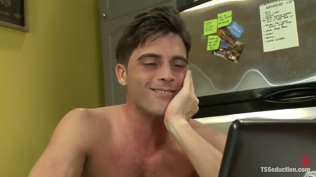 Tran, woman and male 3some