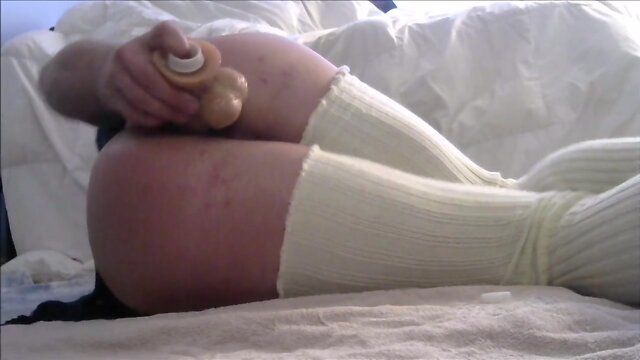 Crossdresser sissy fucks wet cumlube filled butt, sloppy sextoy cumfarts