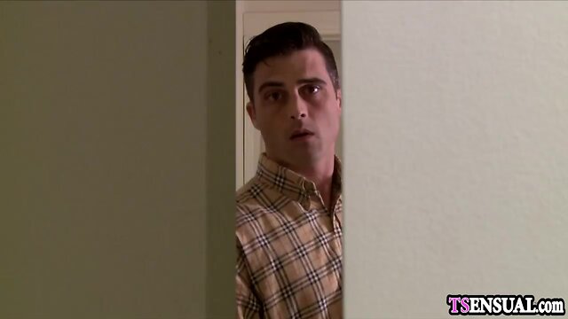 Latino t-girl with a hard cock anal fucks a spying guy