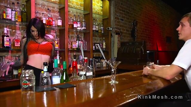 Tattooed t-girl bartender anal fucks guy