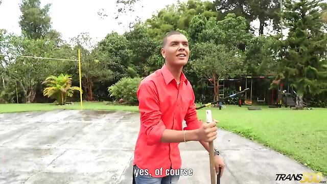 T-Girl jacks huge schlong then gets sucked