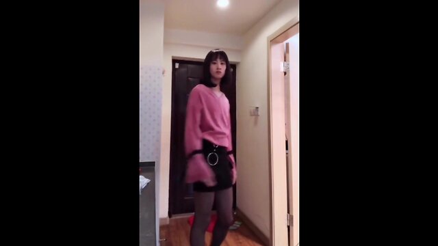 Oriental t-girl masturbating her pecker flashing it to a female, and cum