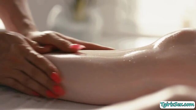 Chesty shemale masseuse fucks her tv client