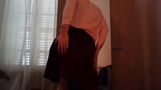 Pretty schoolgirl CD in silk back home for some fun