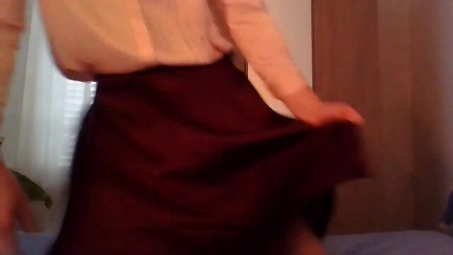 Pretty schoolgirl CD in silk back home for some fun