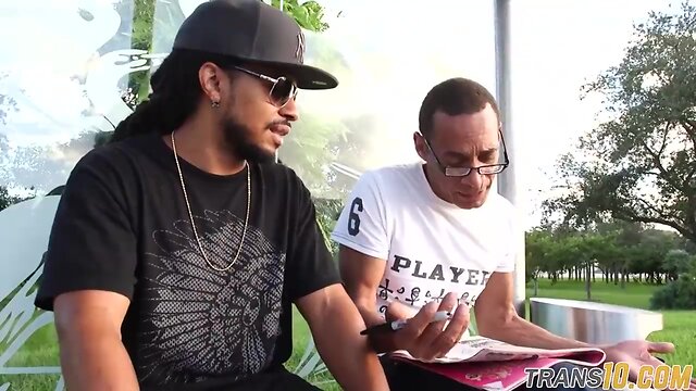 Threeway banged ladyboy swallowing ebony cocks