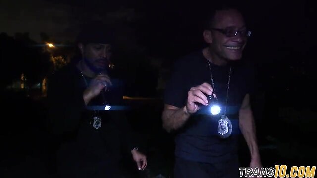 Threeway banged ladyboy swallowing ebony cocks