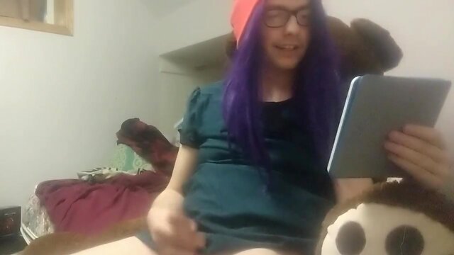 Trans baby strokes while reading - enormous ejaculation