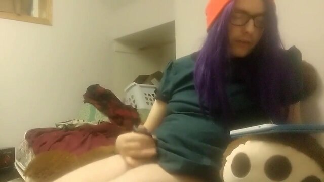 Trans baby strokes while reading - enormous ejaculation