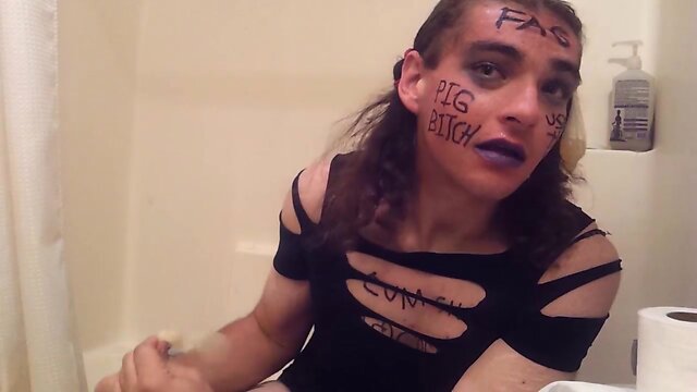 Disgusting crossdresser plays with cum and ash tray