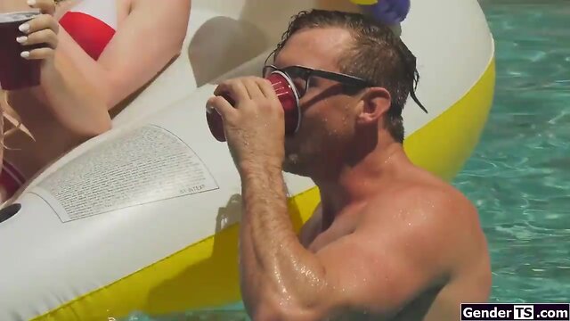 Four ladyboys in an anal pool group wild party