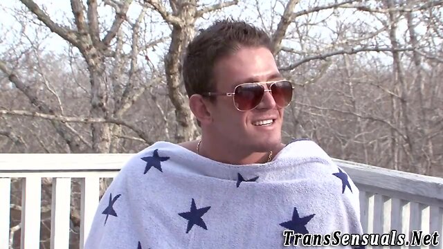 Transsexual babe explodes in threeway