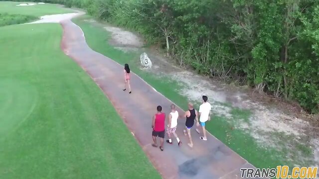 Shemale babe gangbanged and facialized