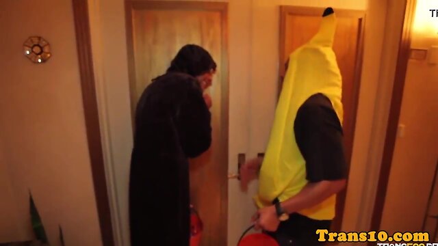 Vanity T. Star: Latina T-Girl Spitroasted in Uniform!