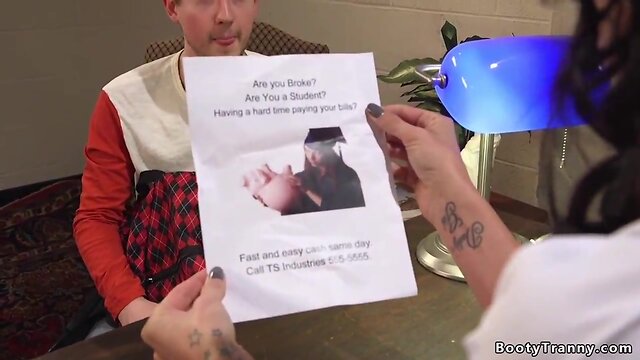 Shemale nurse anal fucks dude in office