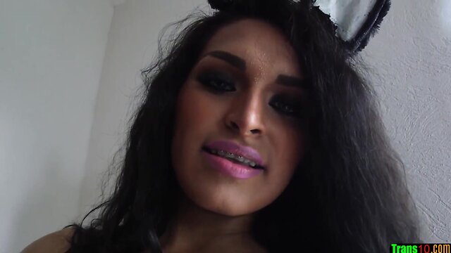 Solo ladyboy hottie jerking her schlong