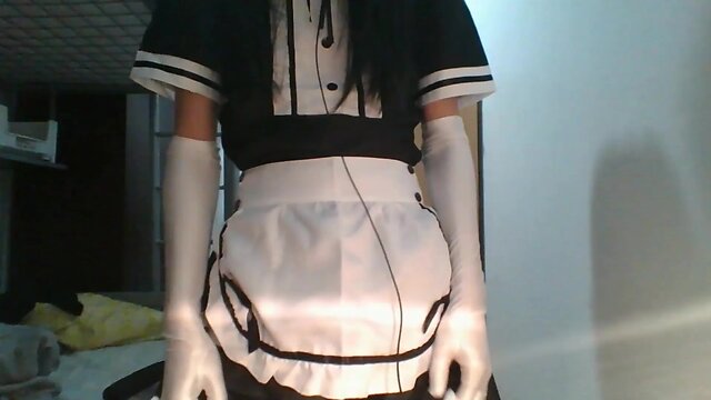 Little femboy maid swallows his own cum