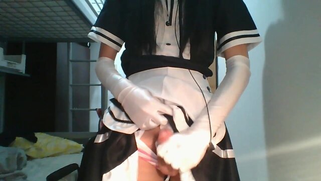 Little femboy maid swallows his own cum