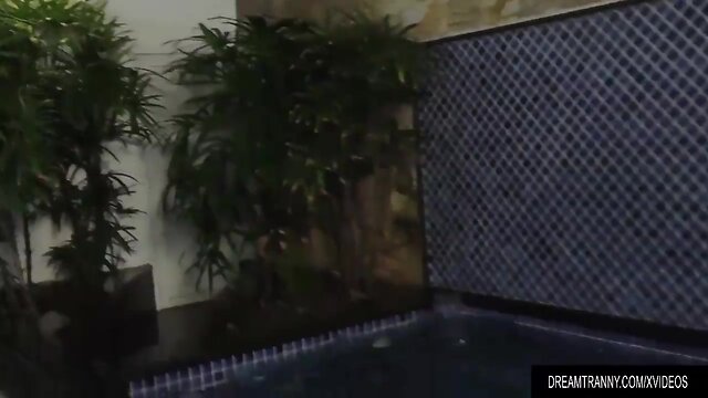 Sensuous tgirl sabrina sousa and a guy make out in a swimming pool
