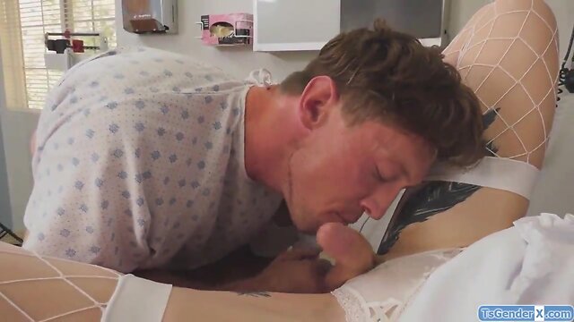 Chesty shemale nurse lena moon barebacks a guy