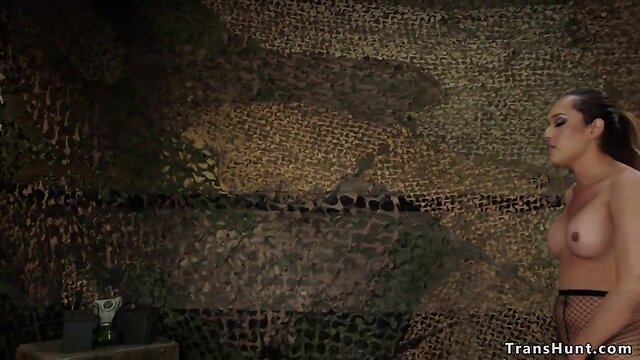 Tran in fishnets fucks blond milf