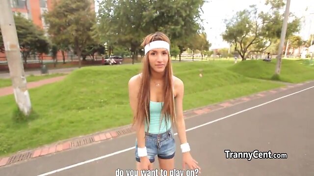 Pretty skinny t-girl likes solo sport