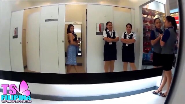 She-Male filipina showing her boobs in the mall fitting room