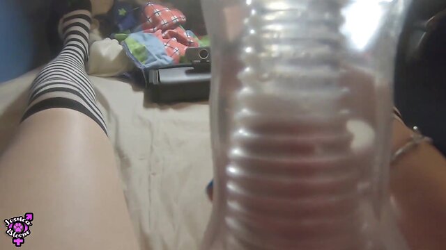 Ts jessica bloom licking out her cum from a fleshlight and wanking large