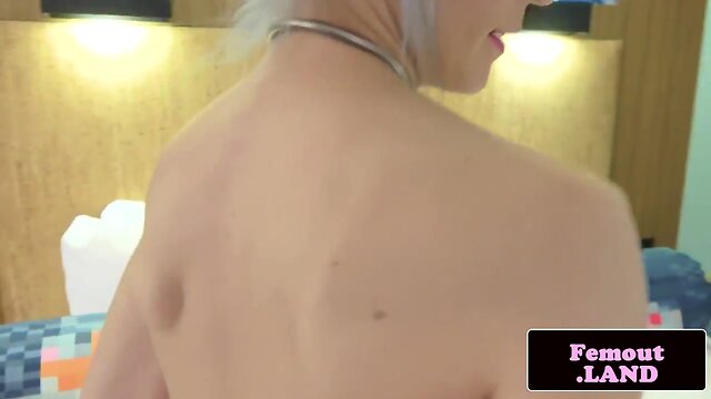 Stockinged femboi stroking off and gaping booty