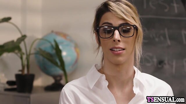 Chesty teacher she-male anal banged by a young coworker