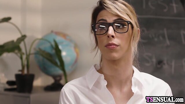 Chesty teacher she-male anal banged by a young coworker